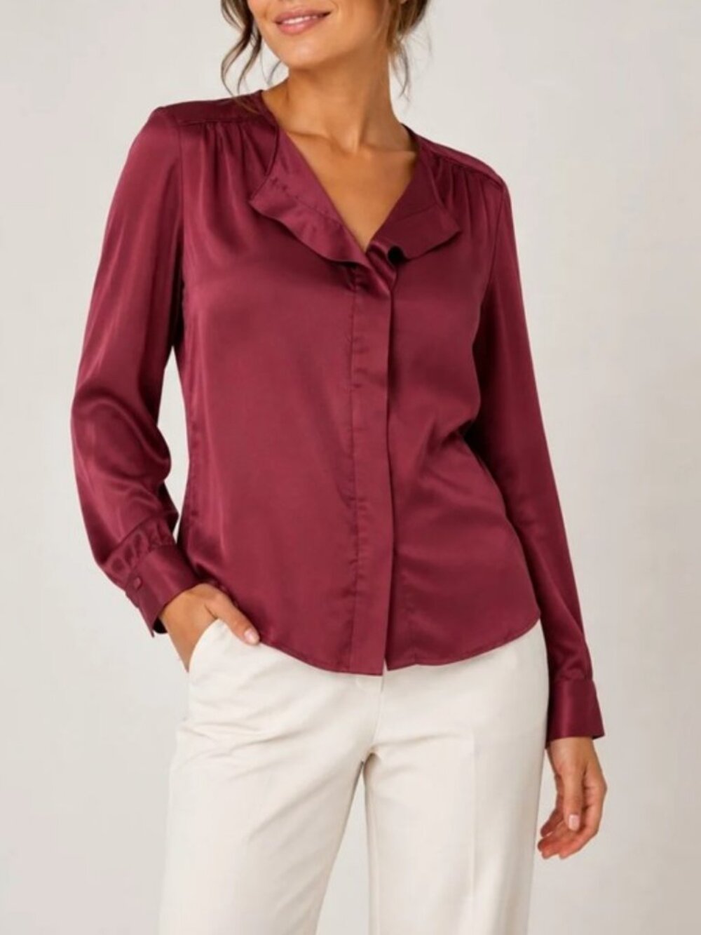 Jones New York long sleeve satin blouse burgundy women's size 10